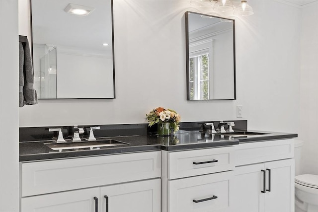 306 Laws Brook Rd, Concord, MA 01742 - full bathroom with toilet, double vanity, an enclosed shower, and crown molding
