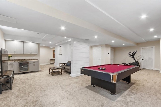 306 Laws Brook Rd, Concord, MA 01742 - playroom featuring wine cooler, light carpet, recessed lighting, pool table, and baseboards