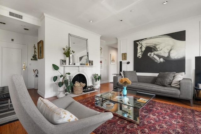 416 Commonwealth Ave Unit 504, Boston, MA 02215 - living room featuring wood finished floors, a brick fireplace, ornamental molding, baseboards, and recessed lighting