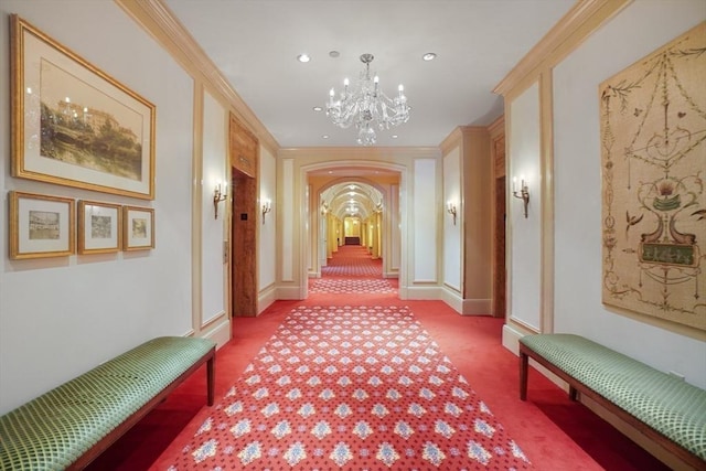 416 Commonwealth Ave Unit 504, Boston, MA 02215 - hall with a chandelier, arched walkways, carpet, ornamental molding, and recessed lighting