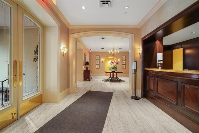416 Commonwealth Ave Unit 504, Boston, MA 02215 - reception with arched walkways, a chandelier, and crown molding