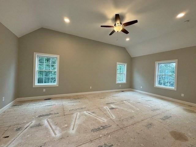 unfurnished room with ceiling fan, baseboards, vaulted ceiling, and recessed lighting