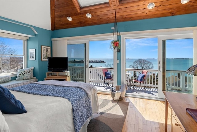 bedroom with wood-type flooring, recessed lighting, access to exterior, and wood ceiling