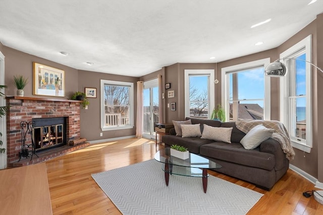 living area featuring wood finished floors, a healthy amount of sunlight, and baseboards