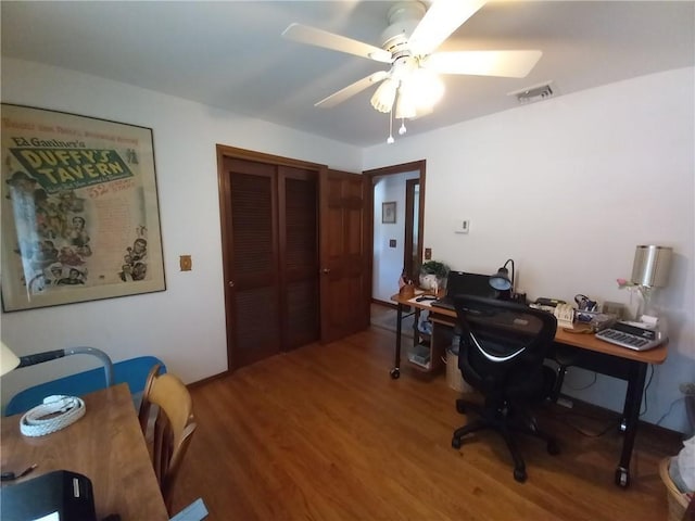 home office with visible vents, a ceiling fan, and wood finished floors