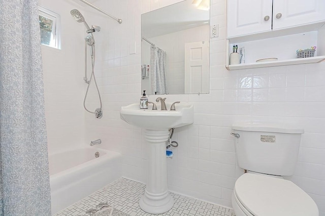 48 Tappan St, Everett, MA 02149 - bathroom with toilet, tile walls, tile patterned floors, and shower / bath combination with curtain