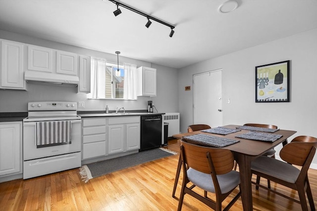 kitchen with a sink, dishwasher, rail lighting, radiator heating unit, and white electric stove