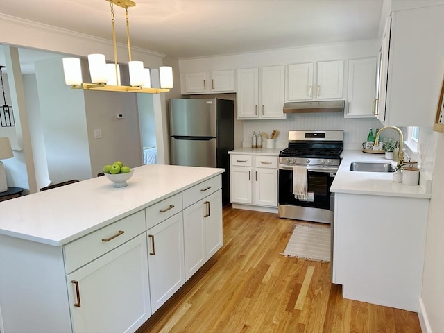 17 Kingsley Rd, Norton, MA 02766 - kitchen featuring appliances with stainless steel finishes, under cabinet range hood, light countertops, light wood-style flooring, and white cabinetry