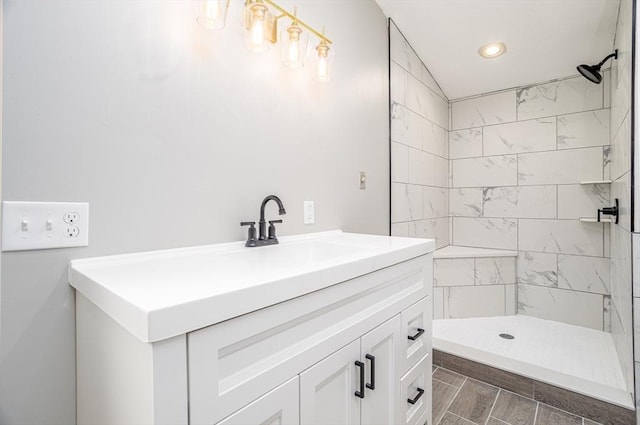 353 Front St, Winchendon, MA 01475 - bathroom featuring tiled shower, vanity, and recessed lighting