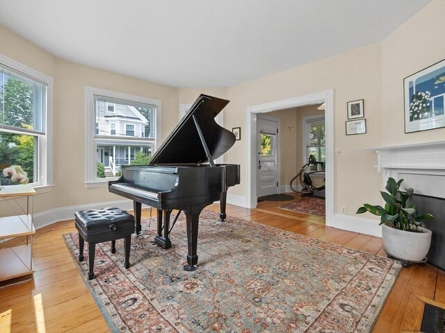 110 Woerd Ave, Waltham, MA 02453 - living area with healthy amount of natural light, wood-type flooring, and a fireplace