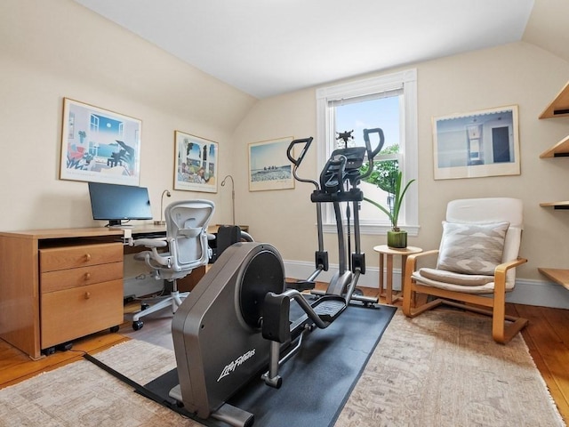 110 Woerd Ave, Waltham, MA 02453 - exercise room featuring vaulted ceiling and light wood-style floors