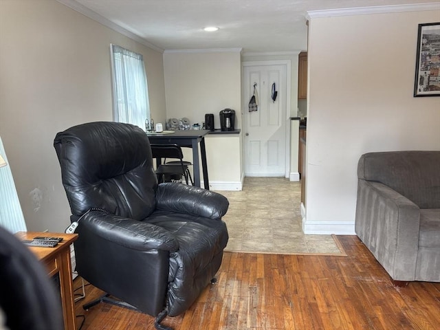 living room with crown molding and wood-type flooring