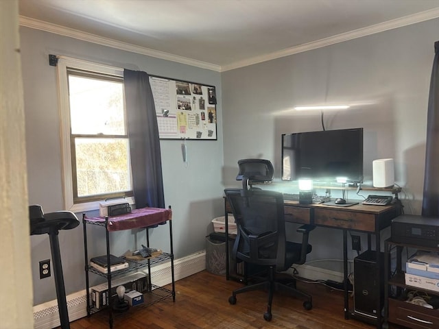 office area with dark hardwood / wood-style flooring, ornamental molding, and baseboard heating