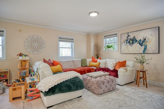 living room featuring ornamental molding and light hardwood / wood-style floors