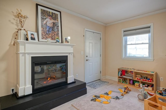 playroom with ornamental molding and wood-type flooring