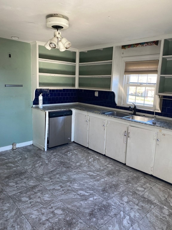 kitchen featuring dishwasher, white cabinetry, sink, and tasteful backsplash