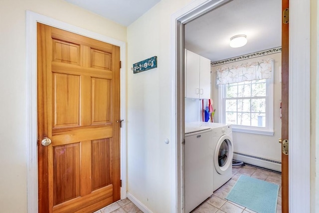 washroom with separate washer and dryer, cabinets, light tile patterned floors, and a baseboard radiator