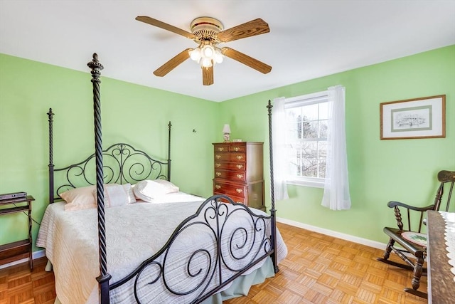 bedroom featuring light parquet flooring and ceiling fan