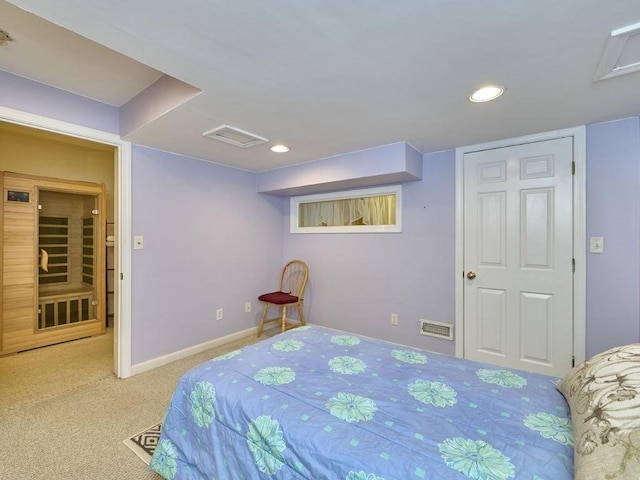 bedroom with visible vents, recessed lighting, carpet flooring, baseboards, and attic access