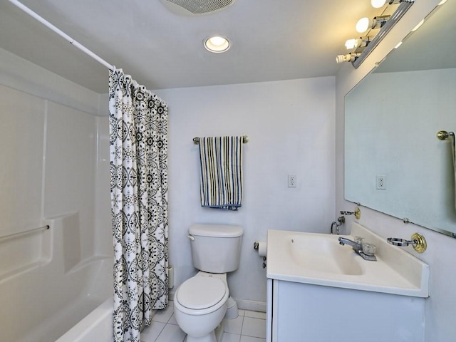 bathroom featuring toilet, shower / tub combo, tile patterned flooring, baseboards, and vanity