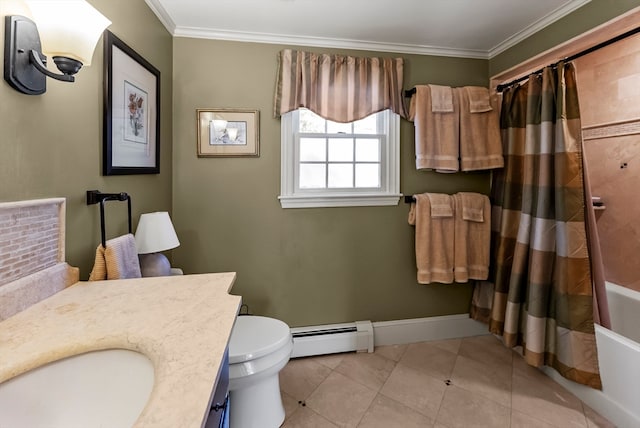 full bathroom with vanity, toilet, crown molding, and a baseboard radiator