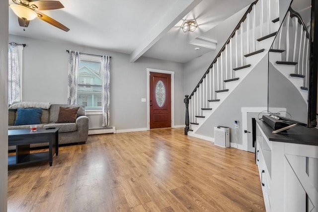 entrance foyer featuring beam ceiling, light wood-type flooring, ceiling fan, and a baseboard heating unit