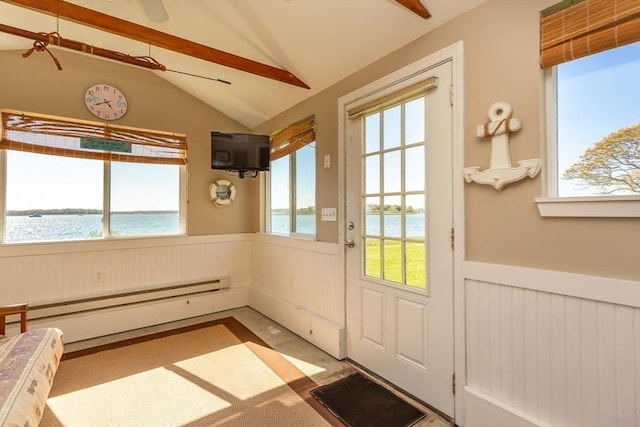 doorway featuring vaulted ceiling with beams and a baseboard radiator