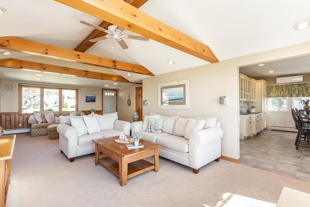 carpeted living room with lofted ceiling with beams, baseboard heating, a wall unit AC, and ceiling fan