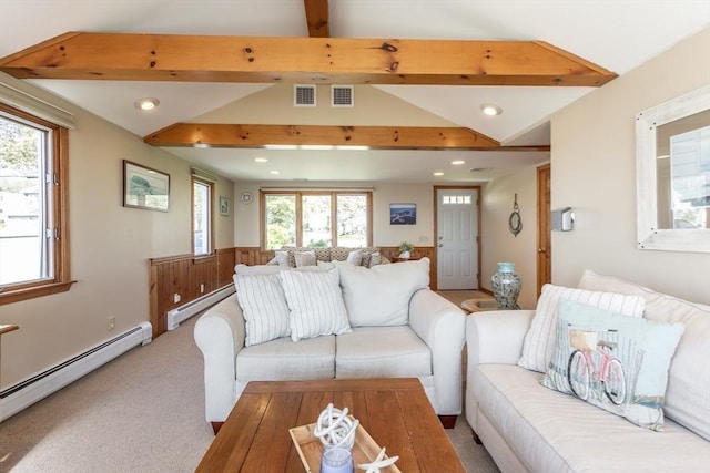 living room featuring carpet flooring, vaulted ceiling with beams, and a baseboard heating unit