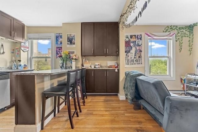 kitchen featuring light wood-type flooring, stainless steel dishwasher, dark brown cabinets, a breakfast bar, and open floor plan