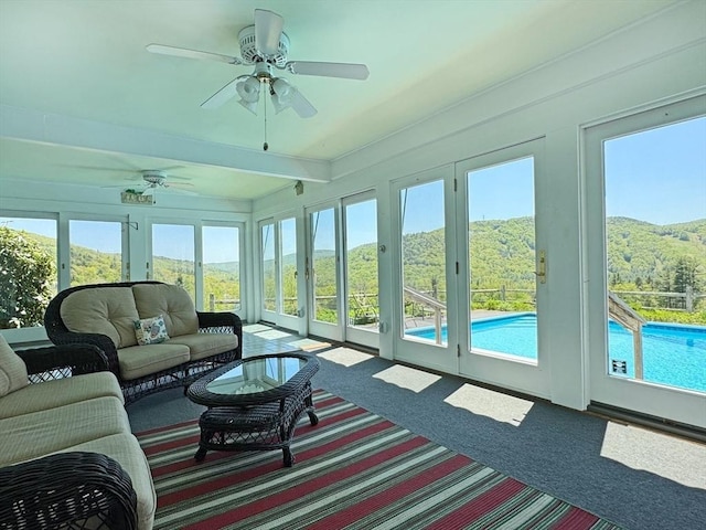 85 Warfield Rd, Charlemont, MA 01339 - sunroom with ceiling fan, an outdoor hangout area, and plenty of natural light