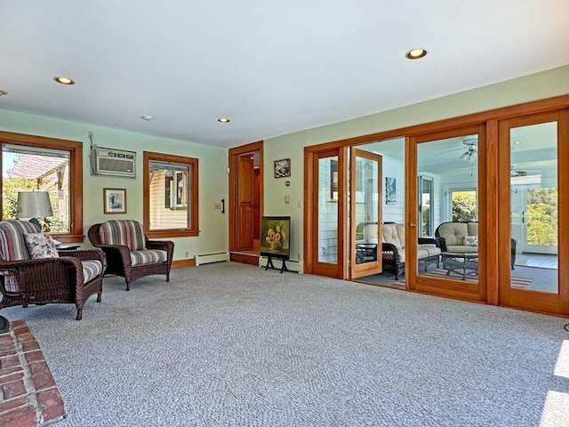 85 Warfield Rd, Charlemont, MA 01339 - living area featuring carpet floors, a wall mounted AC, recessed lighting, a baseboard radiator, and a ceiling fan