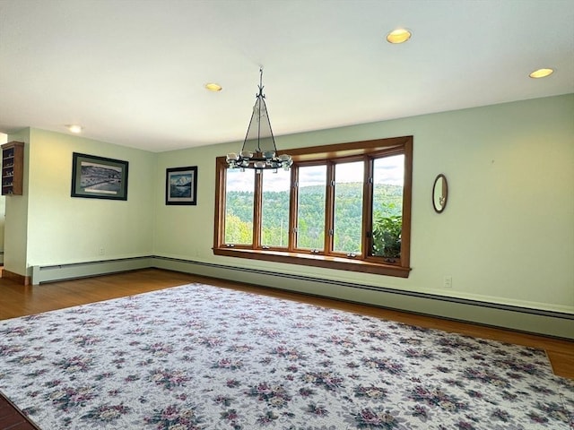 85 Warfield Rd, Charlemont, MA 01339 - unfurnished dining area with healthy amount of natural light, recessed lighting, dark wood finished floors, a chandelier, and baseboards