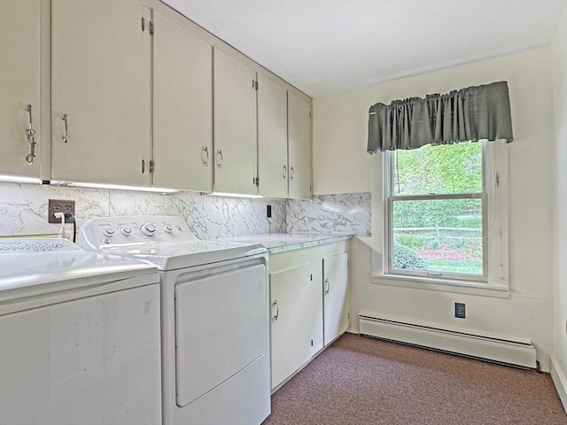 85 Warfield Rd, Charlemont, MA 01339 - clothes washing area featuring separate washer and dryer, cabinet space, a baseboard heating unit, and carpet