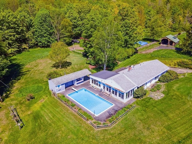 85 Warfield Rd, Charlemont, MA 01339 - view from above of property with a pool area and a forest