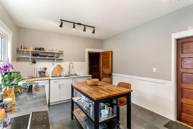 57 Atherton St Unit 57, Somerville, MA 02143 - kitchen featuring light countertops, white cabinetry, rail lighting, open shelves, and a wainscoted wall
