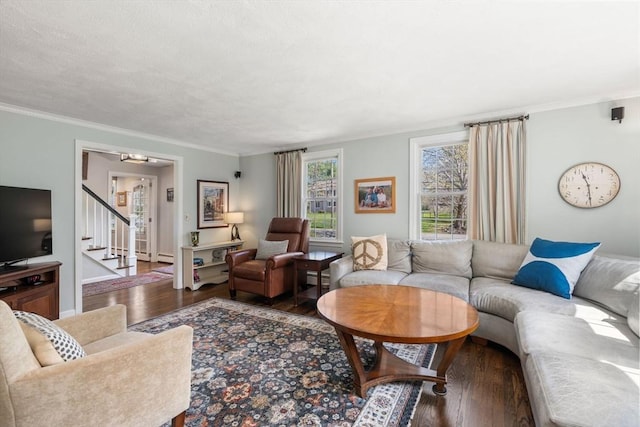 living area with crown molding, wood finished floors, a baseboard radiator, and stairs