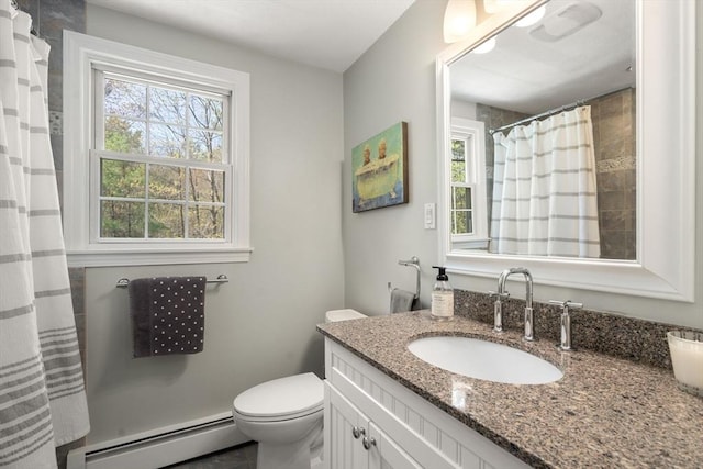 full bath with a baseboard heating unit, a wealth of natural light, vanity, and toilet