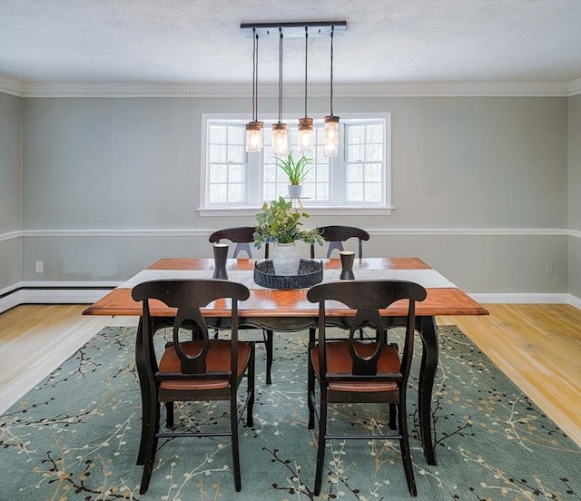 dining space featuring track lighting, baseboards, wood finished floors, and ornamental molding