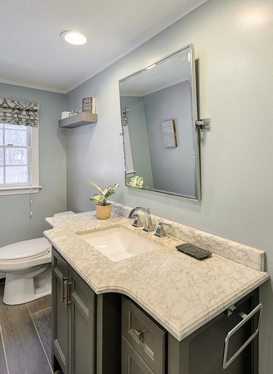 bathroom with vanity, wood finished floors, toilet, and crown molding