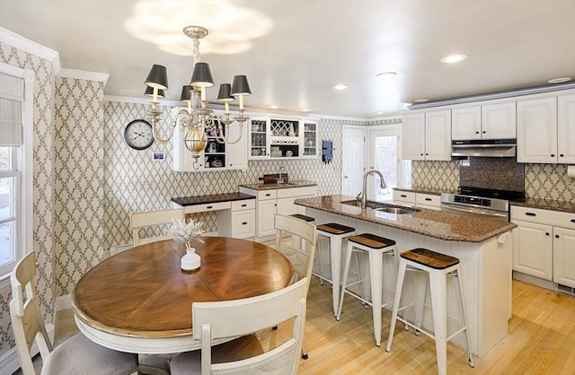 kitchen with wallpapered walls, stainless steel electric range oven, under cabinet range hood, and a sink