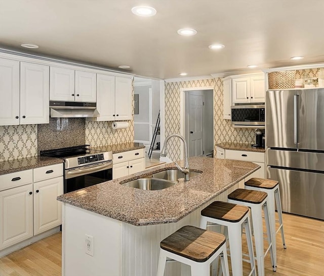 kitchen with light wood-style flooring, under cabinet range hood, a sink, white cabinets, and appliances with stainless steel finishes