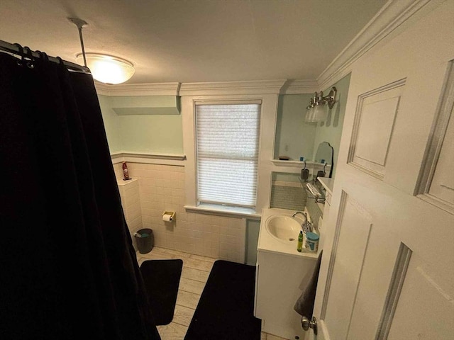 44 Cherry St Unit 2, Swampscott, MA 01907 - bathroom with ornamental molding, tile walls, vanity, tile patterned floors, and a shower with curtain