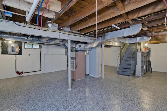 basement featuring electric panel, stairs, water heater, and heating unit