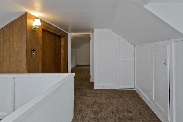 additional living space featuring dark carpet and vaulted ceiling