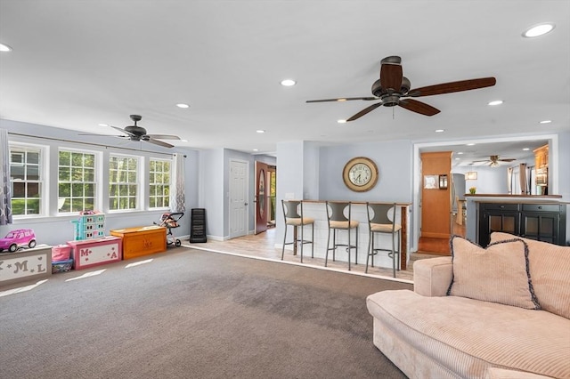 21 Molloy Rd, Georgetown, MA 01833 - living room with ceiling fan, recessed lighting, carpet flooring, and baseboards