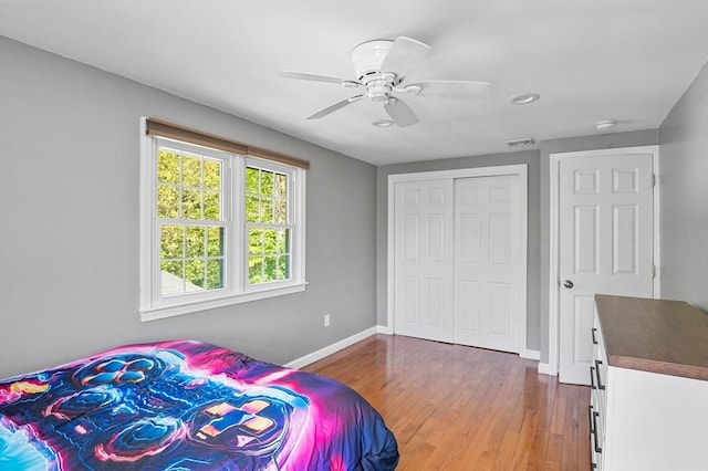 21 Molloy Rd, Georgetown, MA 01833 - bedroom with baseboards, hardwood / wood-style floors, recessed lighting, ceiling fan, and a closet