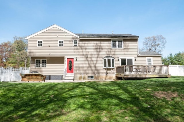 21 Molloy Rd, Georgetown, MA 01833 - back of house with entry steps, a hot tub, and a wooden deck