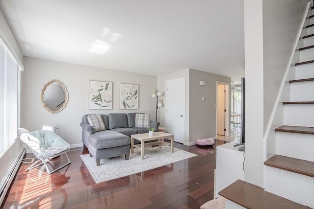 40 Sharron Dr Unit 40, Easton, MA 02375 - living room with a baseboard radiator, stairs, and dark wood-style floors