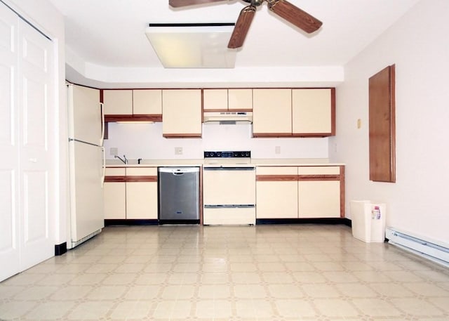 kitchen with white appliances, a ceiling fan, light countertops, cream cabinetry, and under cabinet range hood